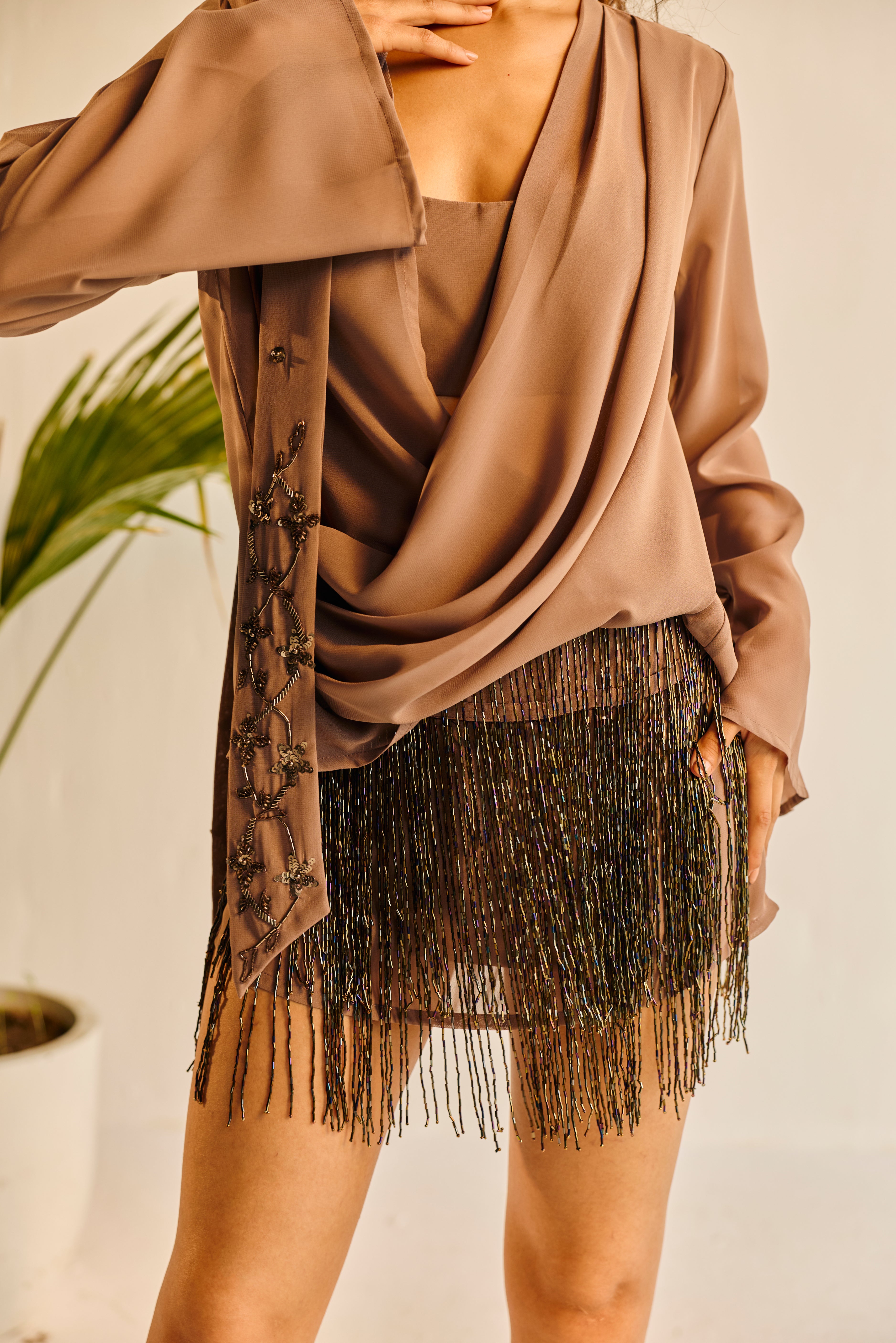 Vivienne Grey Draped Top and Hand-Embrodiered Scraf