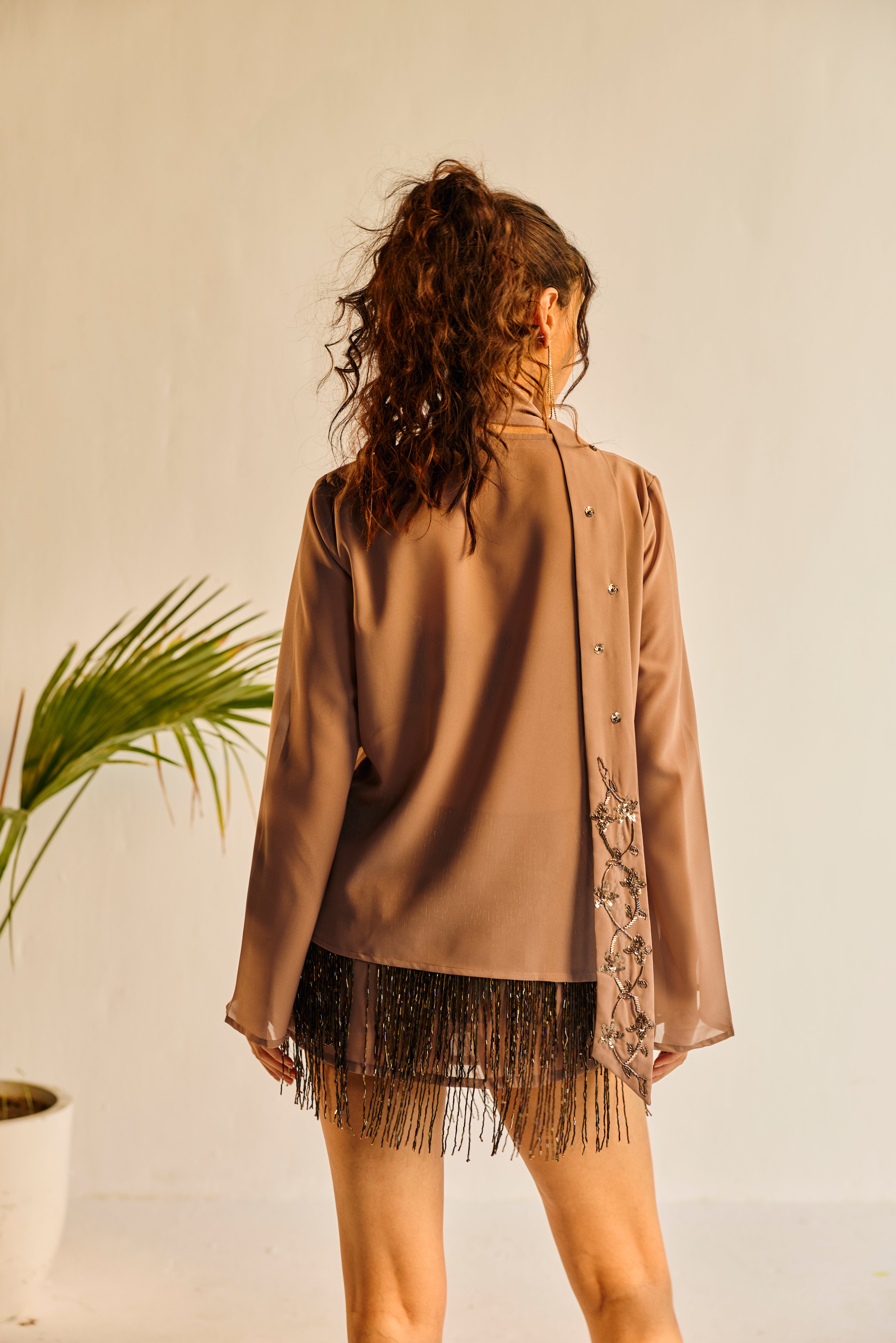 Vivienne Grey Draped Top and Hand-Embrodiered Scraf