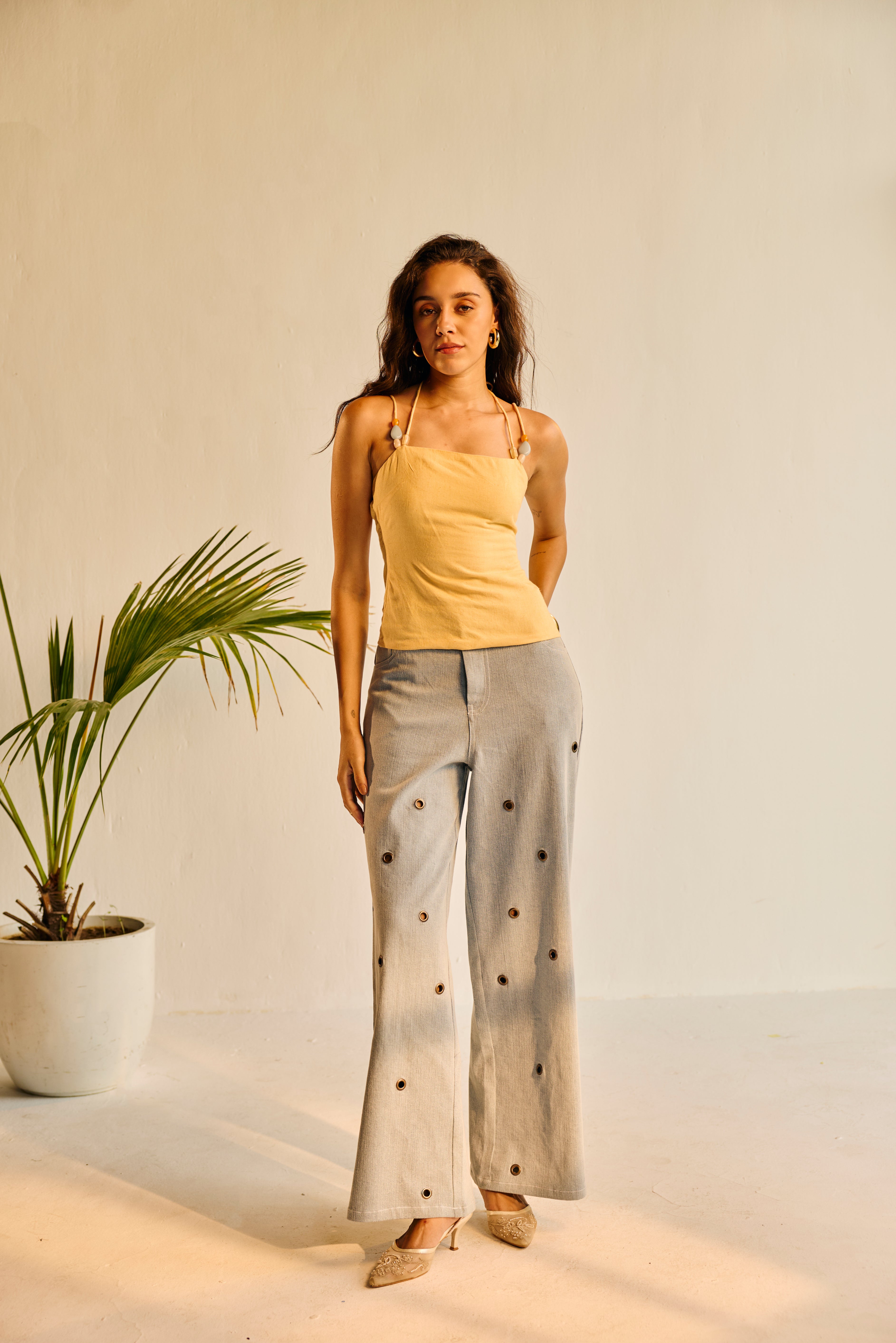 Mango Yellow Linen Beaded Top