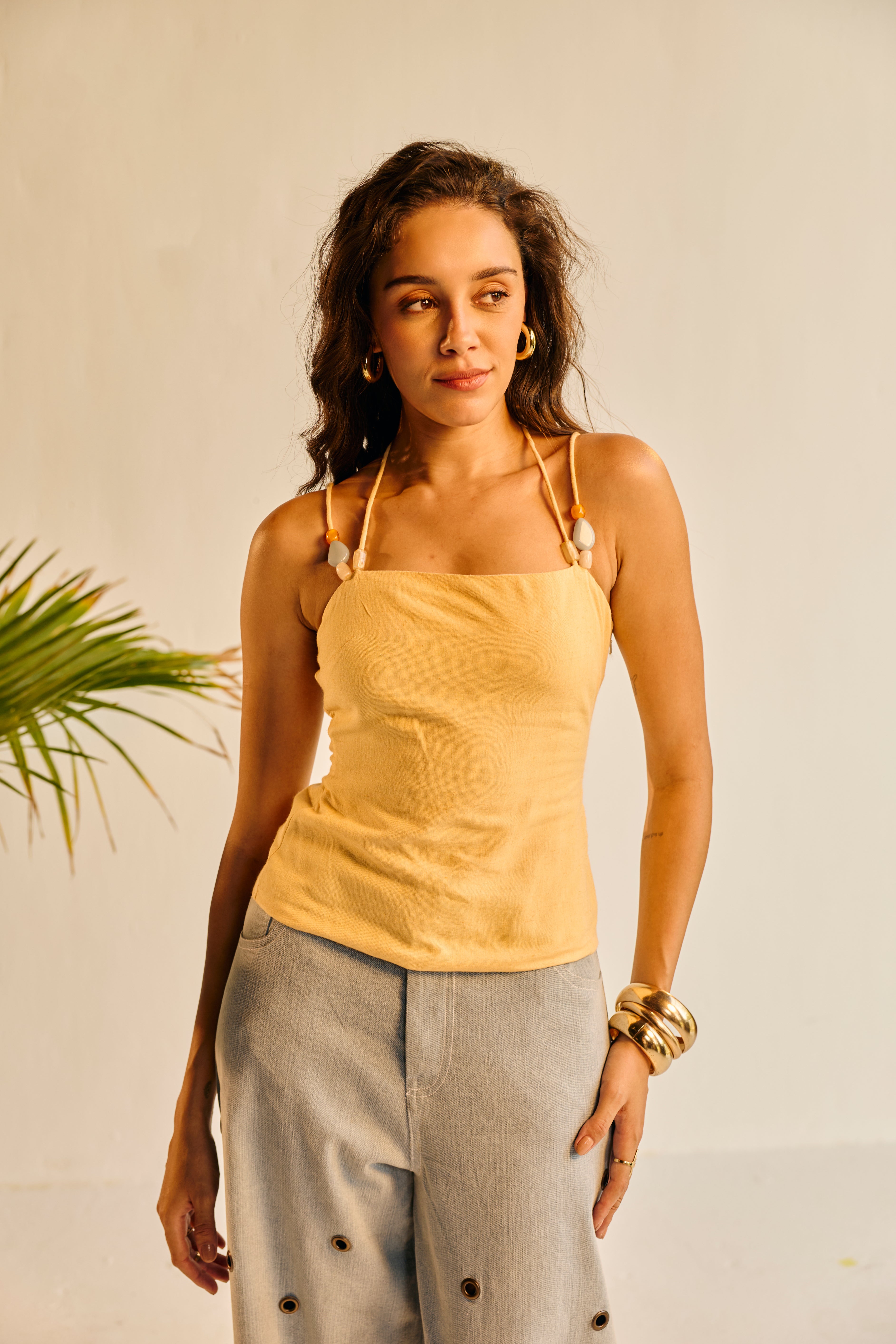 Mango Yellow Linen Beaded Top