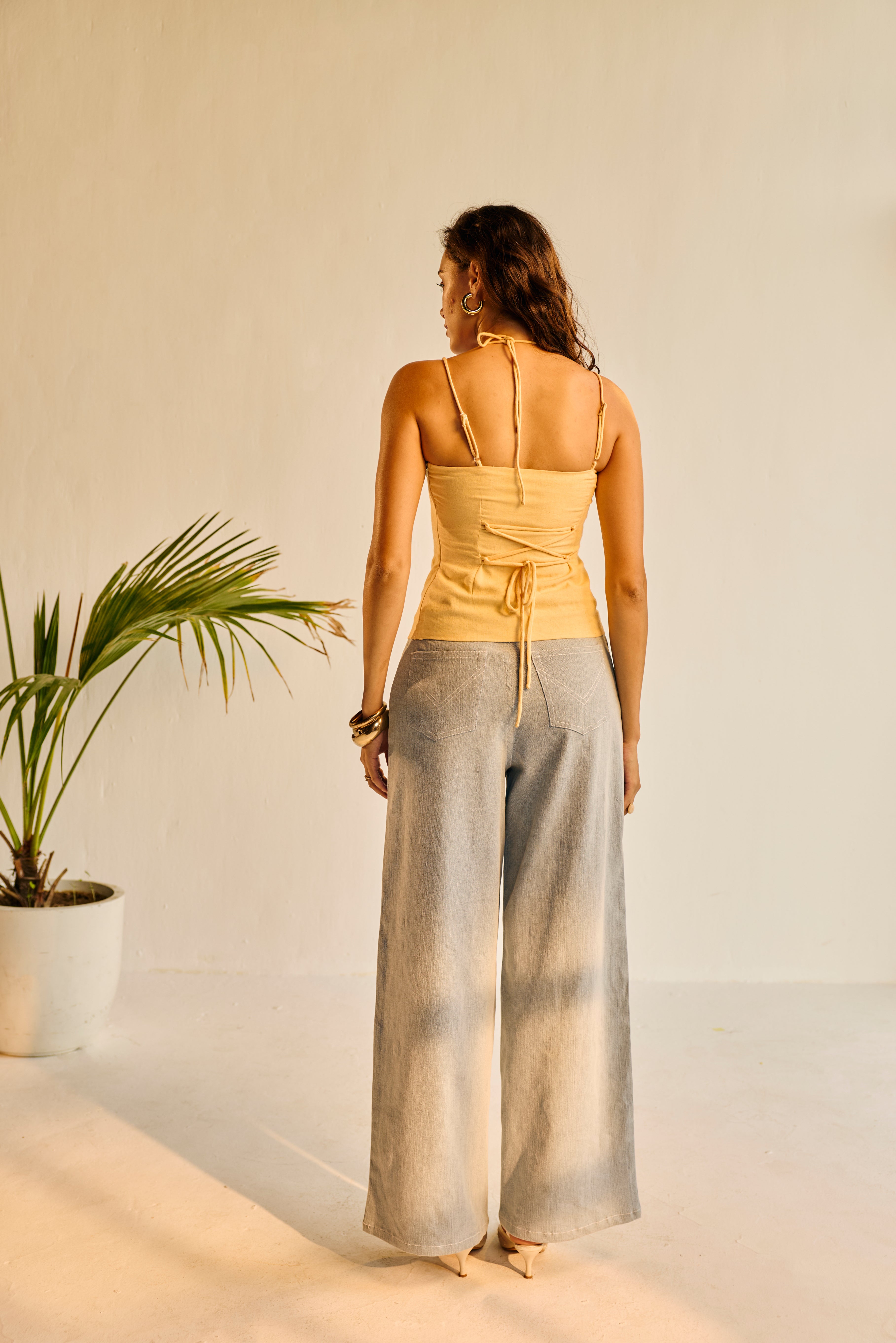 Mango Yellow Linen Beaded Top