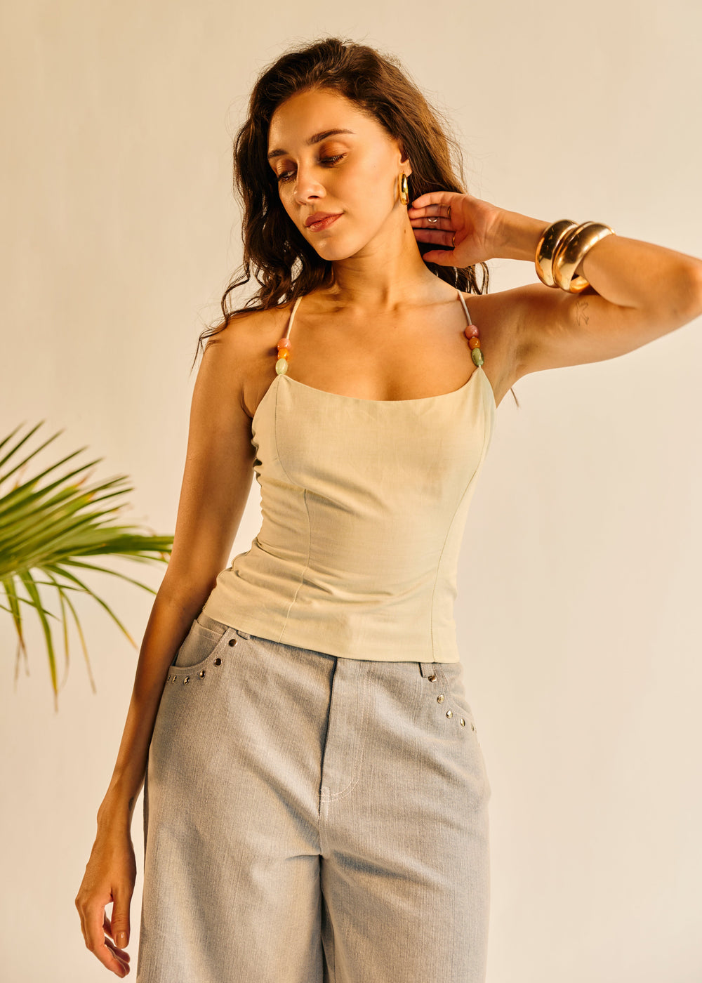 Sabrina Sage Green Linen Embellished Top