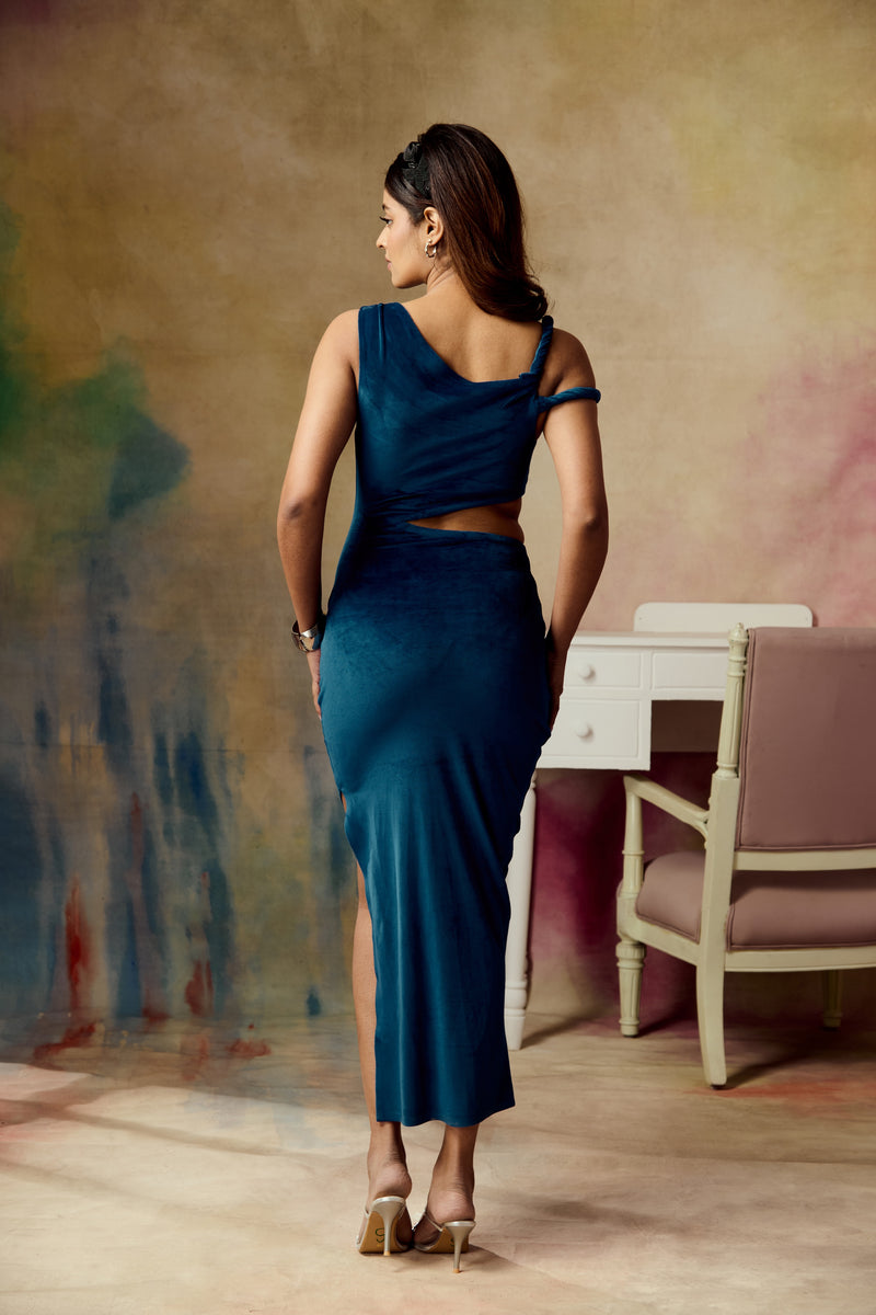 Isadora Blue Velvet Twist Shoulder Ruched Cutout Maxi Dress