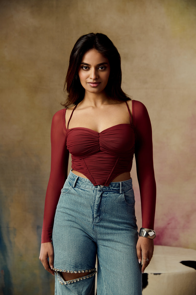 Eli Burgundy Ruched Mesh Corset Top