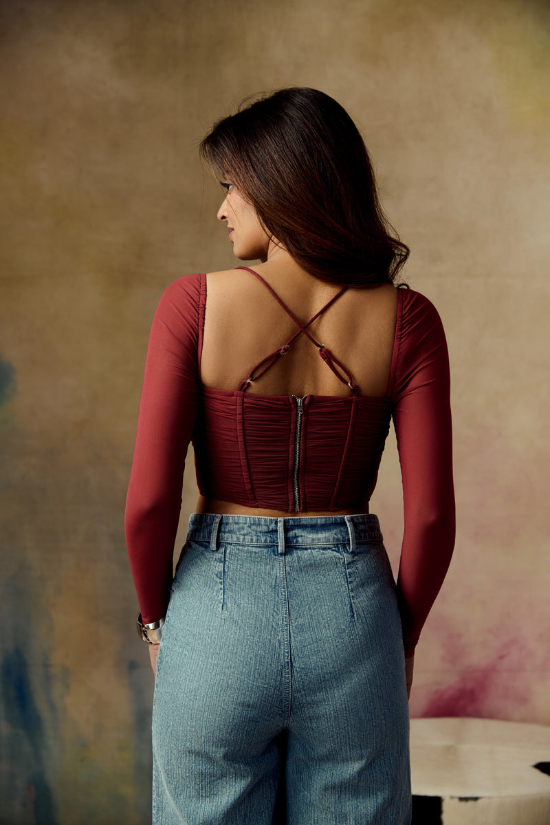 Eli Burgundy Ruched Mesh Corset Top