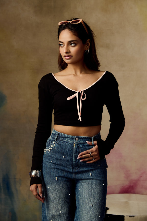 Aldora Black Crop Top with Bow