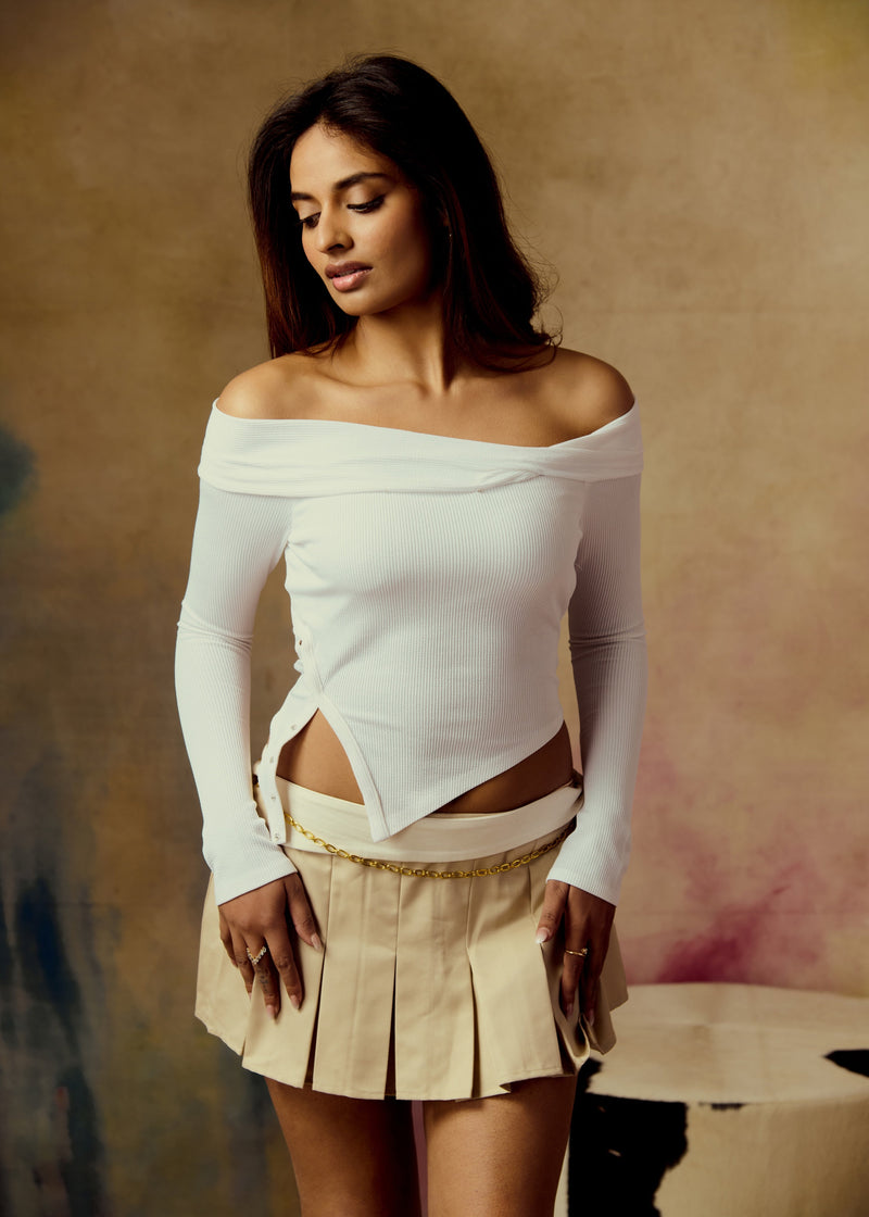 Beryl White Ribbed Off-Shoulder Top