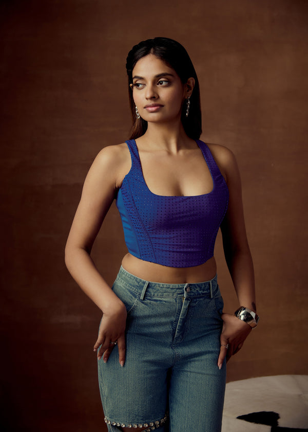 Petra Electric Blue Rhinestone Embedded Corset Top