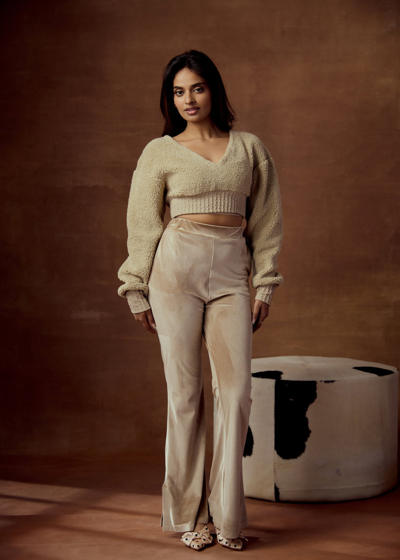 Bertha Beige Velour High-Waisted Pants and Cropped Cami Set