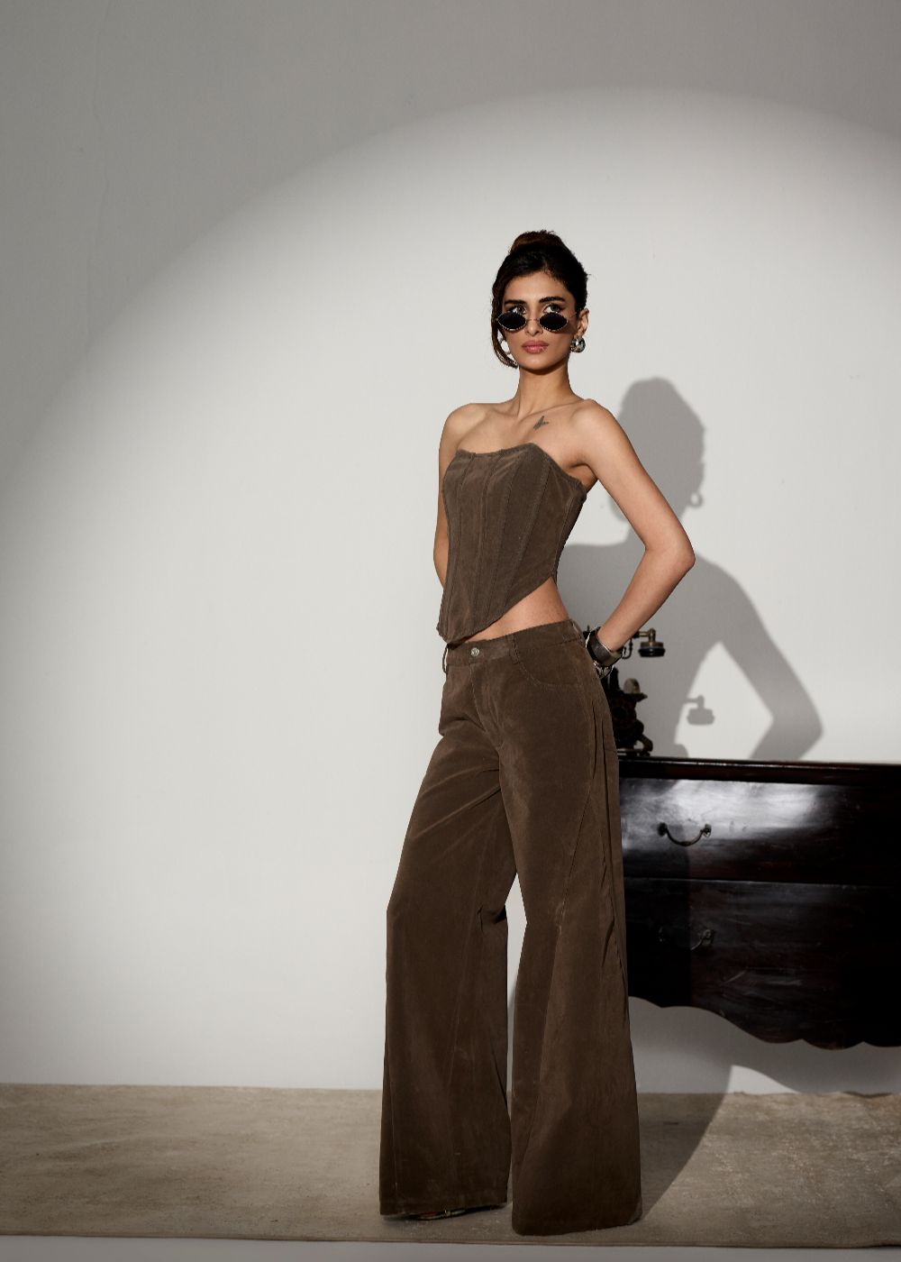Rory Mocha Suede Finish Denim Wide Leg Pants