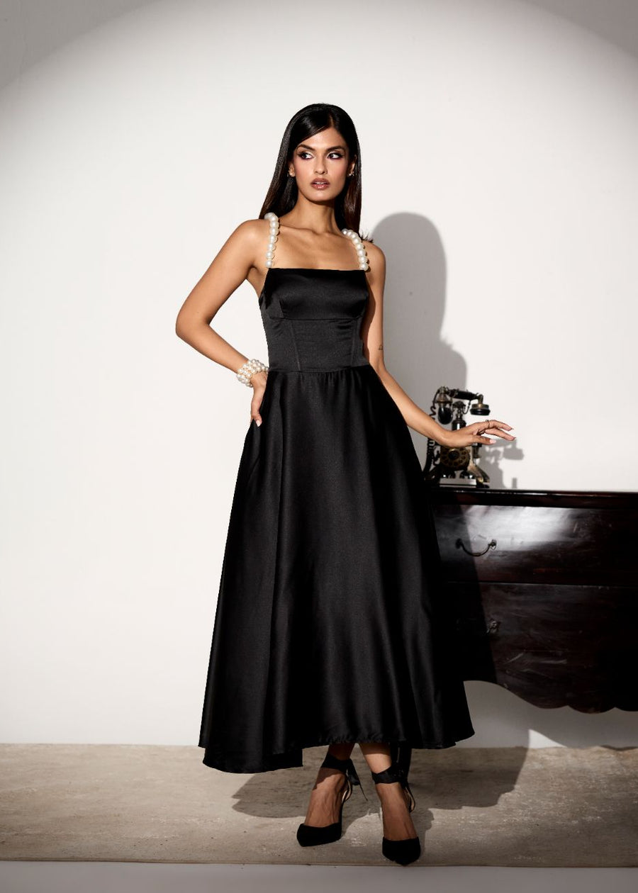 leave the light on midi dress black Vivienne Black Pearl Midi Dress – Lea Clothing Co