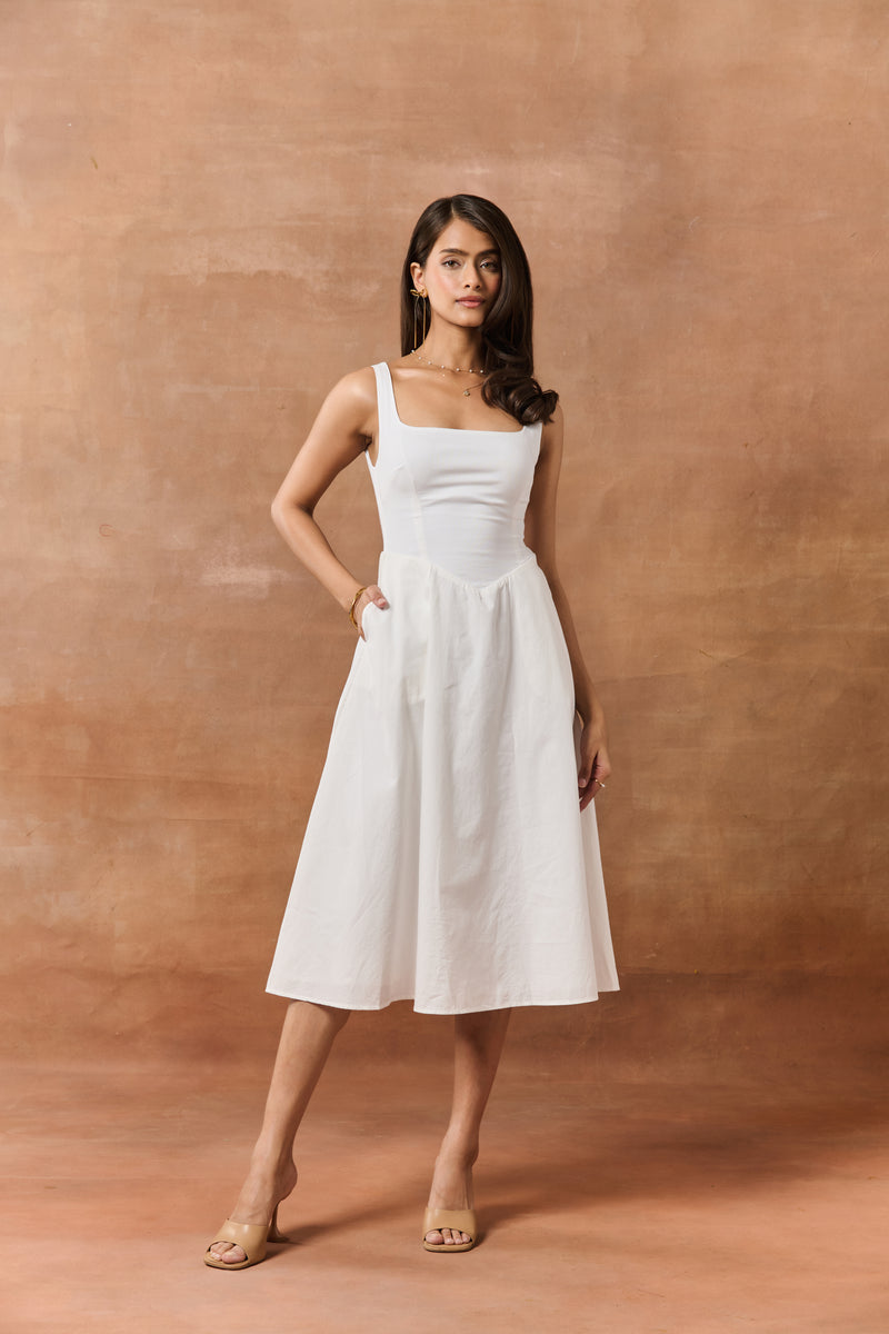 white fit and flare midi dress Kornelia White Fit and Flare Midi Dress – Lea Clothing Co