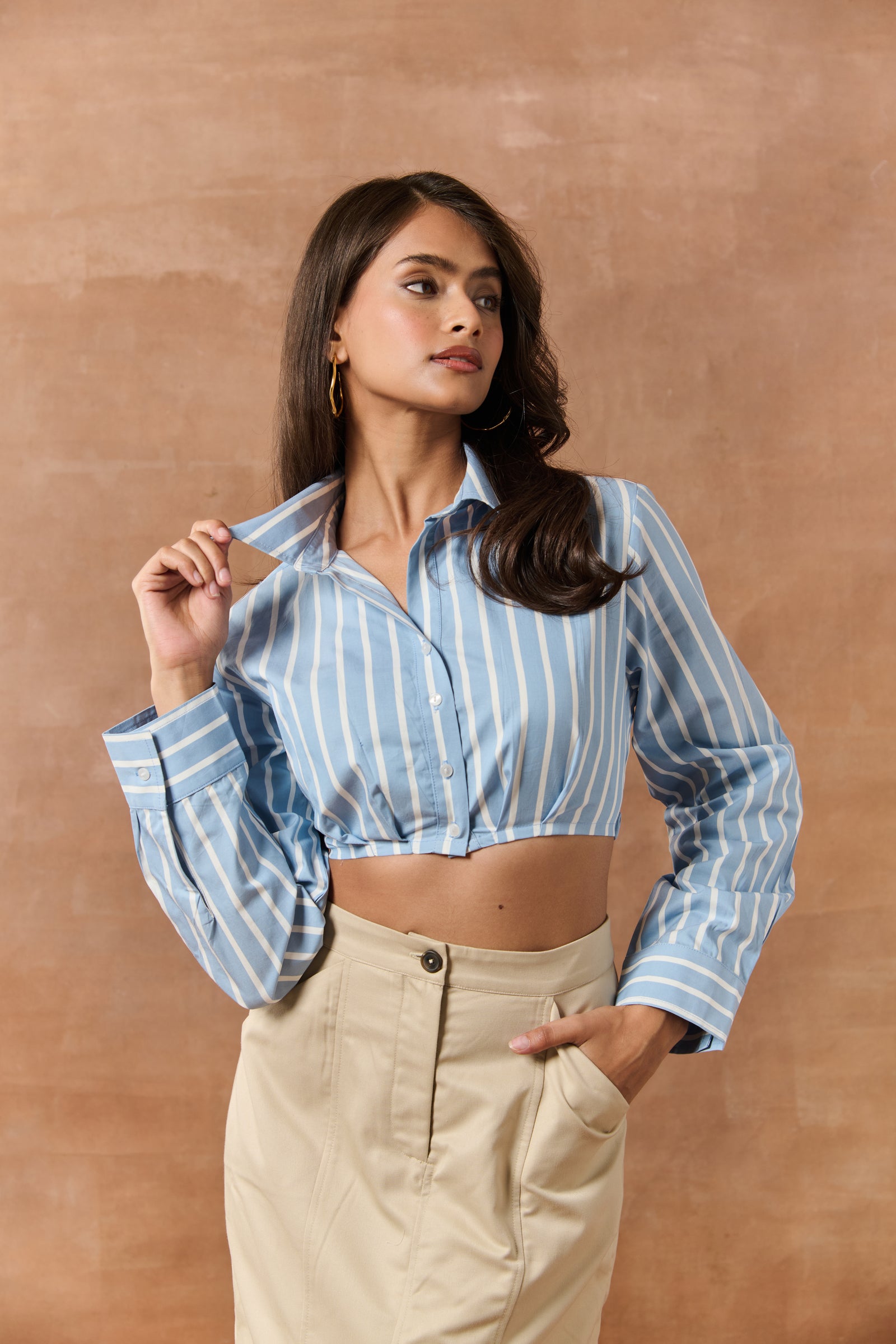 dress shirt crop top Marion White & Blue Striped Crop Shirt – Lea Clothing Co