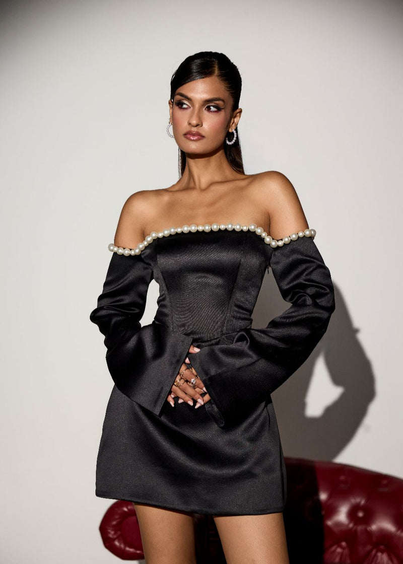 Audrey Black Pearl Embellished Corset Mini Dress Lea Clothing Co. Audrey Black Pearl Embellished Corset Mini Dress Lea Clothing Co.