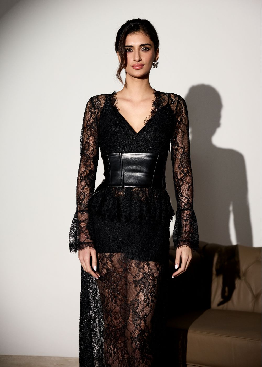 Midnight Lace Maxi Dress with Belt