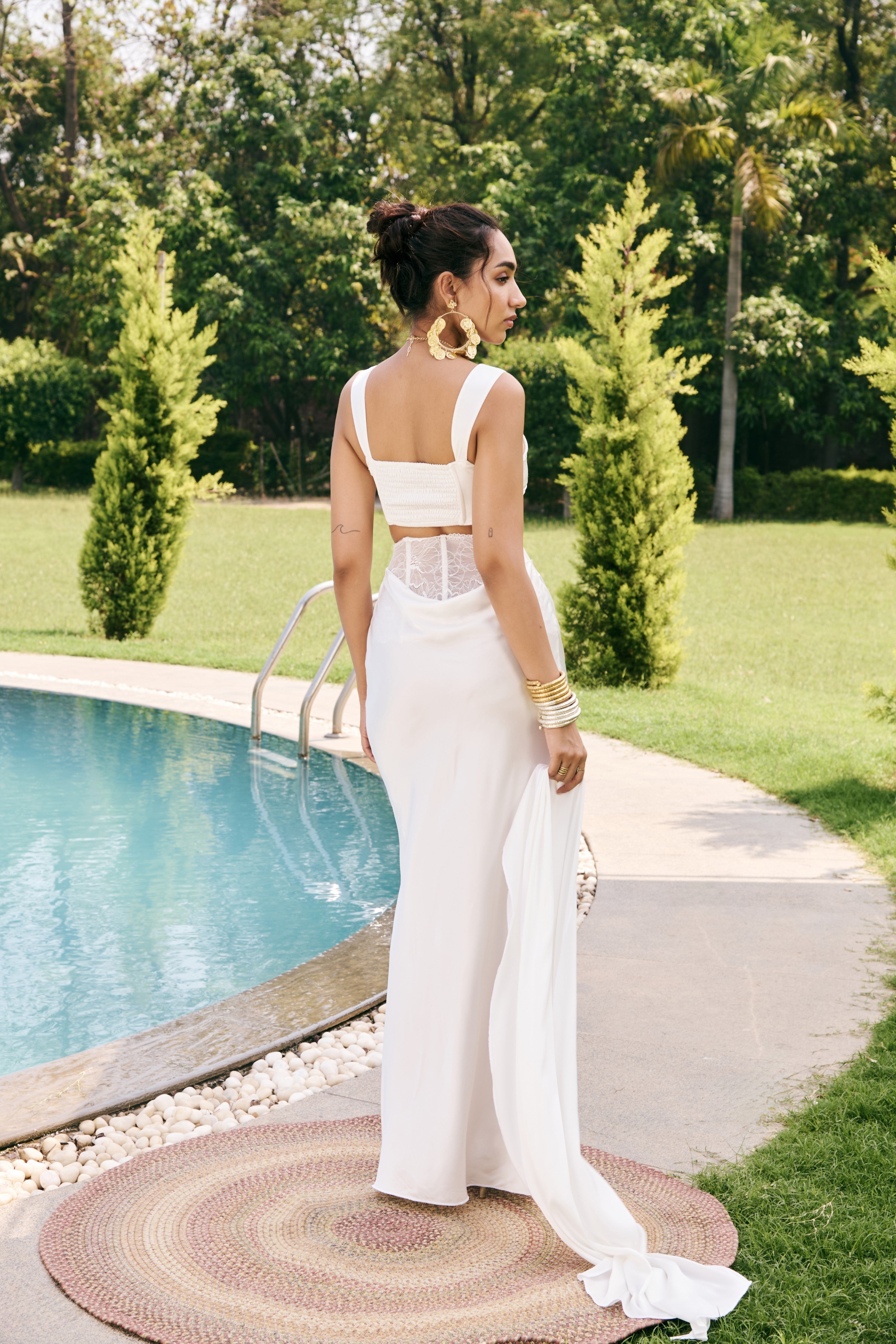 Malvina White Satin Crop Top with Scarf