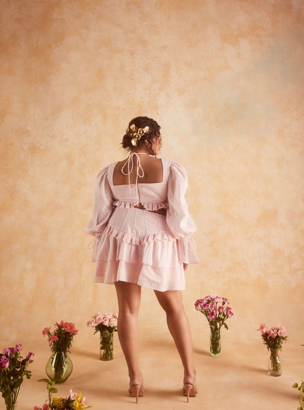 "Adorable Lana Baby Pink Cotton Dobby Ruffled Coord Set with Charming Ruffle Accents."