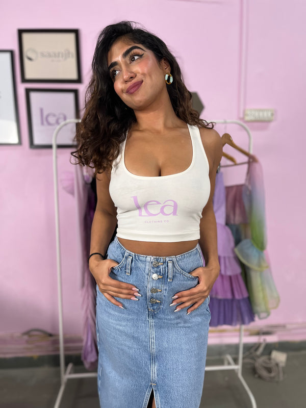 Lea Merch White Crop Top with a clean, minimalist design and a casual fit