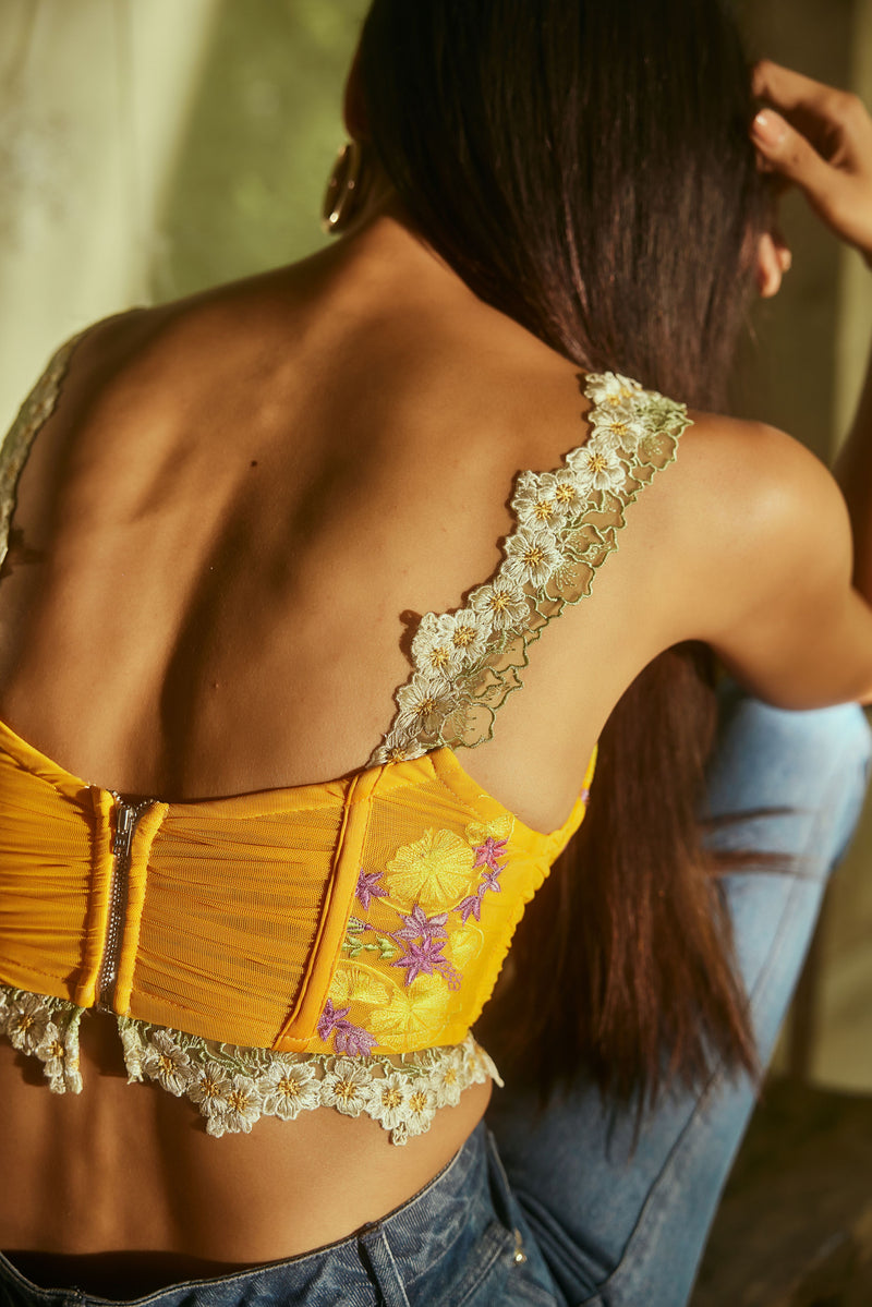 Lemon Yellow Embroidered Longline Corset Bra with delicate embroidery and a sleek longline fit