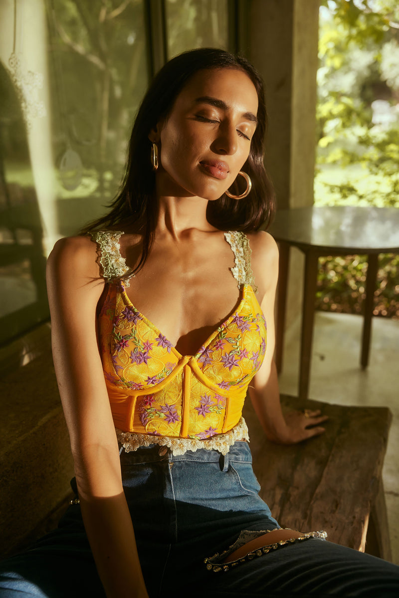 Lemon Yellow Embroidered Longline Corset Bra with delicate embroidery and a sleek longline fit