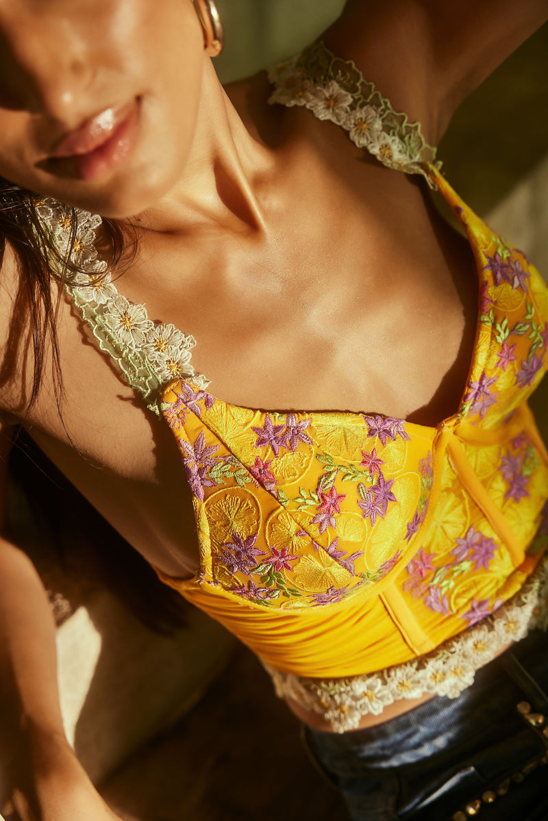 Lemon Yellow Embroidered Longline Corset Bra with delicate embroidery and a sleek longline fit