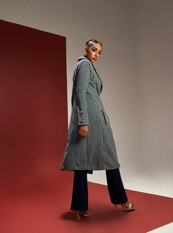 Leone blue houndstooth long overcoat for a classic and stylish statement