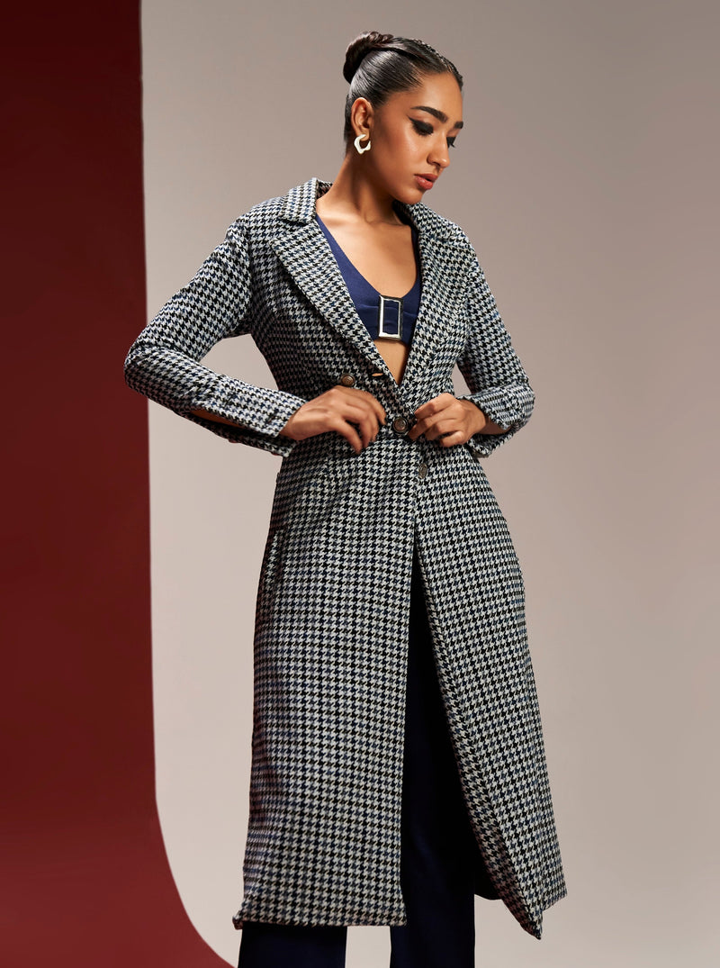 Leone blue houndstooth long overcoat for a classic and stylish statement