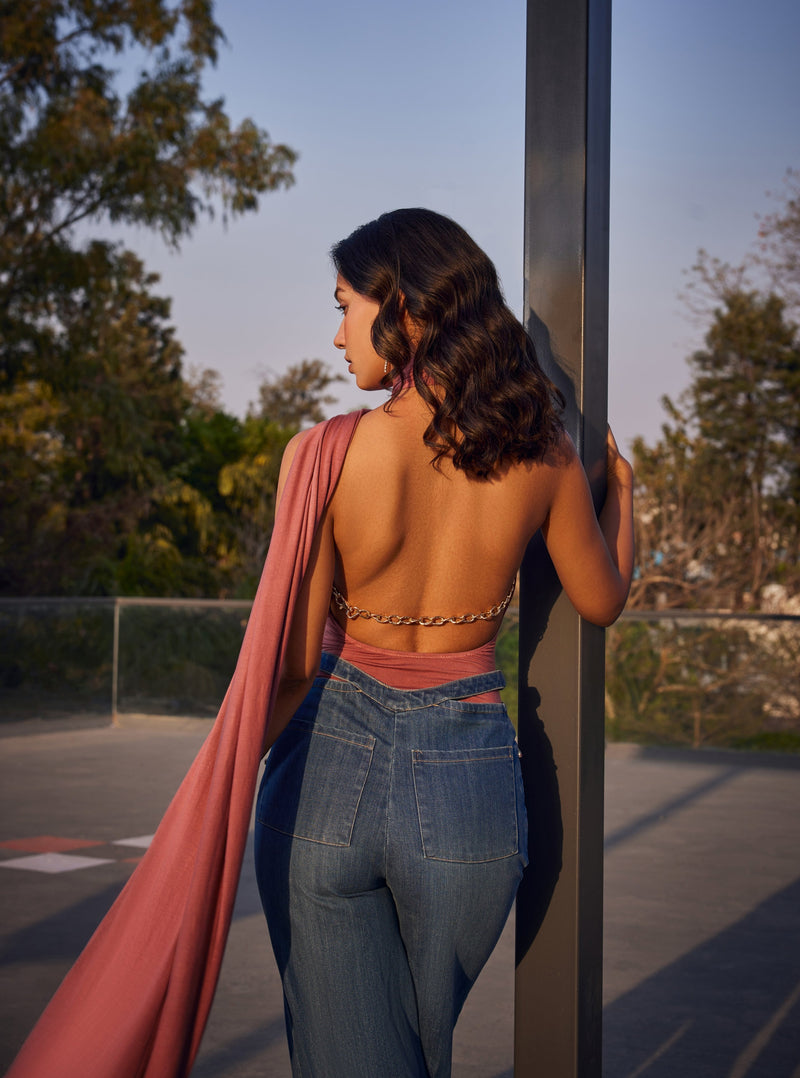 "Sleek Lucinda Mauve Backless Bodysuit with an Elegant Design."