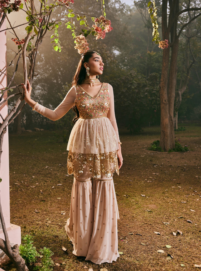 Maira Golden Embroidered Sharara Set featuring exquisite golden embroidery and luxurious detailing