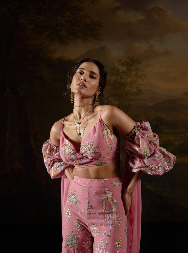 "Mayuri Pink Embroidered Coord Set: Stylish coordinated set in pink with intricate embroidery, perfect for a fashionable statement."