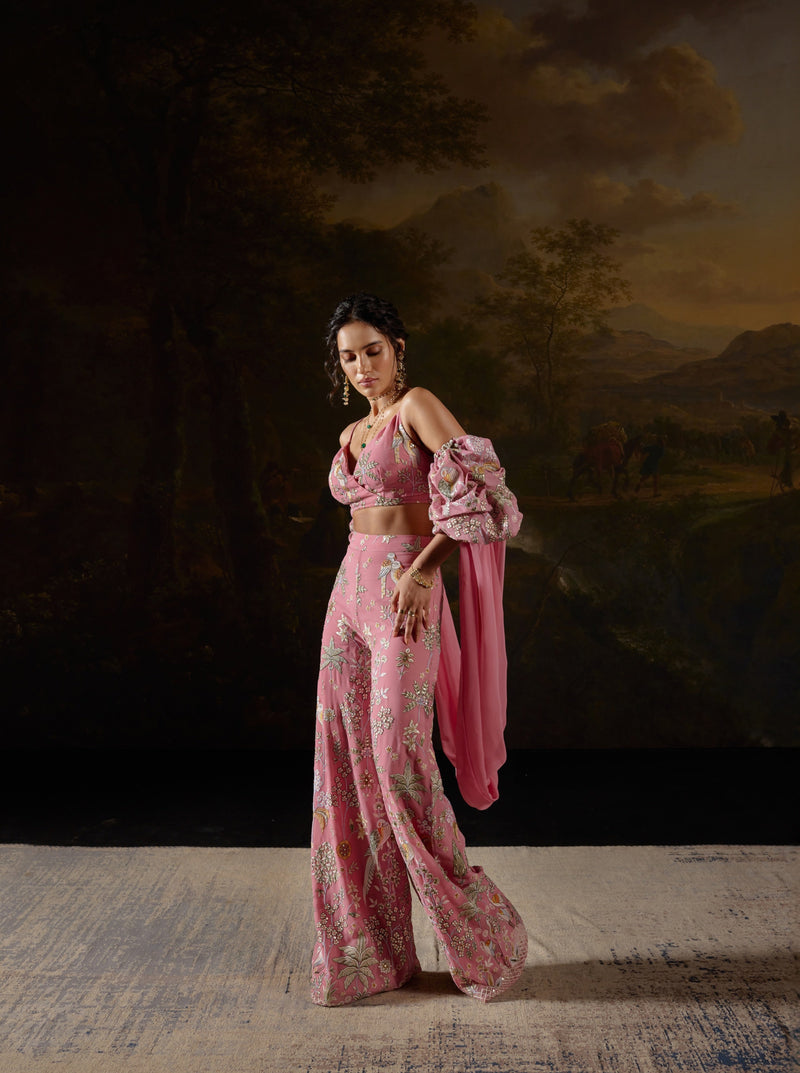 "Mayuri Pink Embroidered Coord Set: Stylish coordinated set in pink with intricate embroidery, perfect for a fashionable statement."