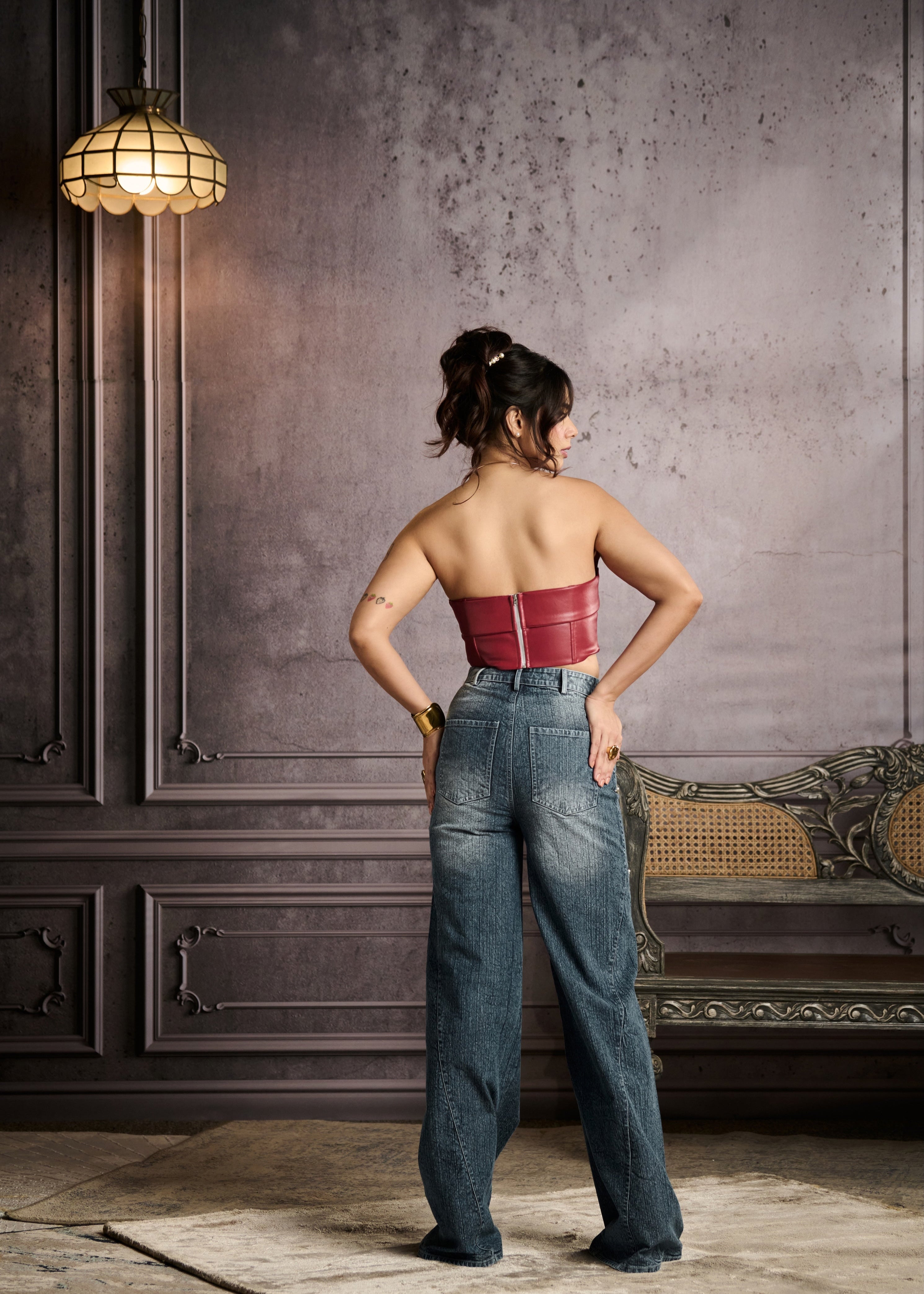 Megan Cherry Red Faux Leather Draped Corset Top
