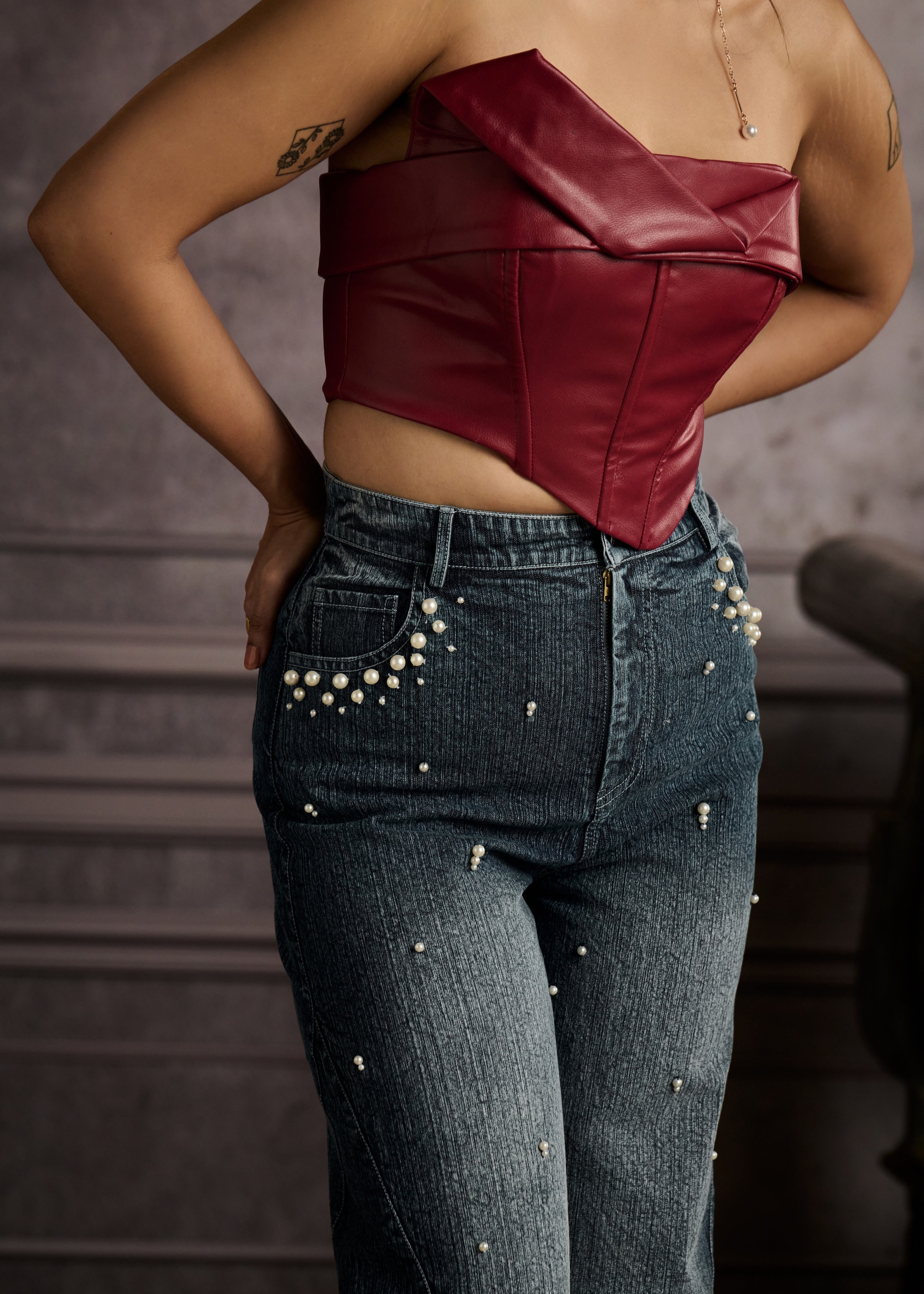 Megan Cherry Red Faux Leather Draped Corset Top
