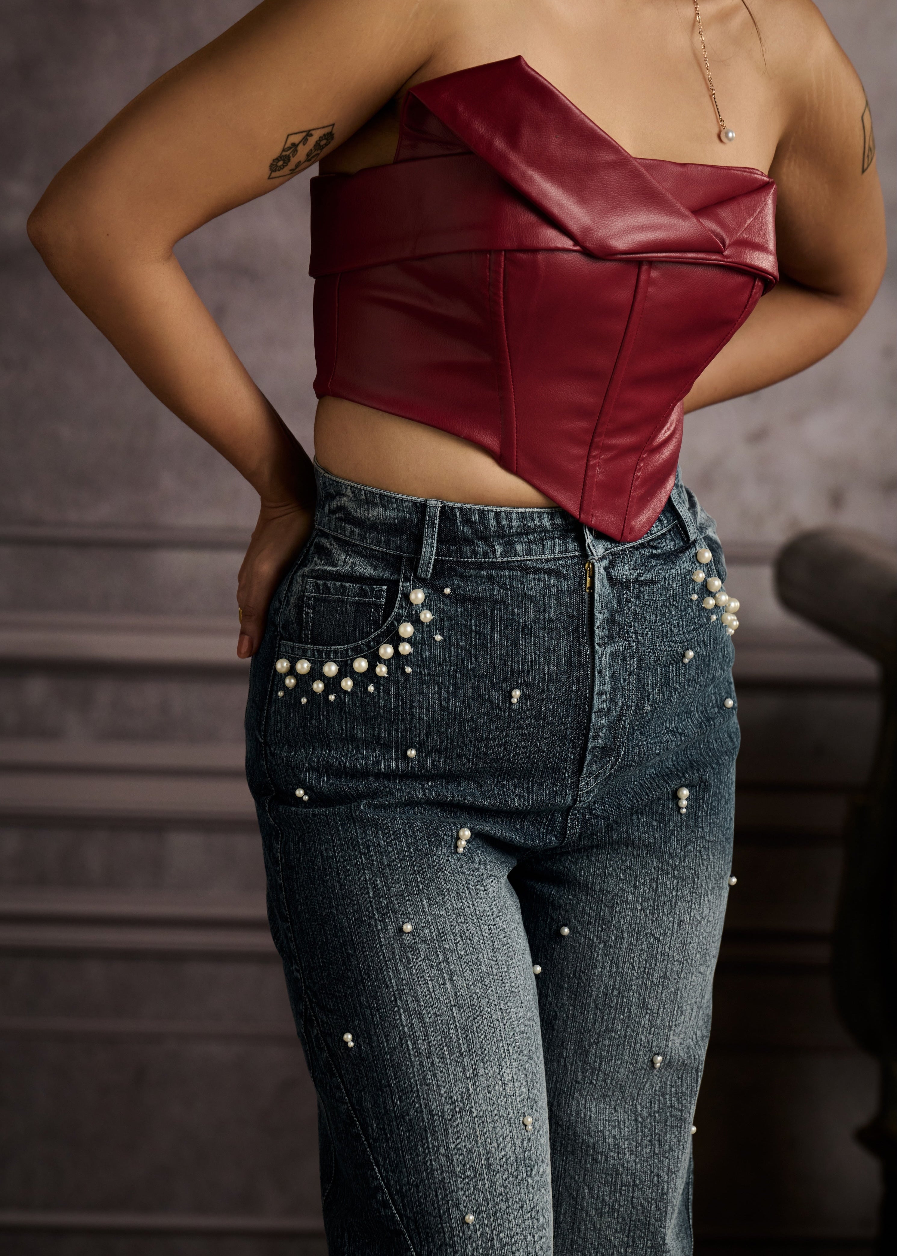 Megan Pearl Embroidered Denim Jeans
