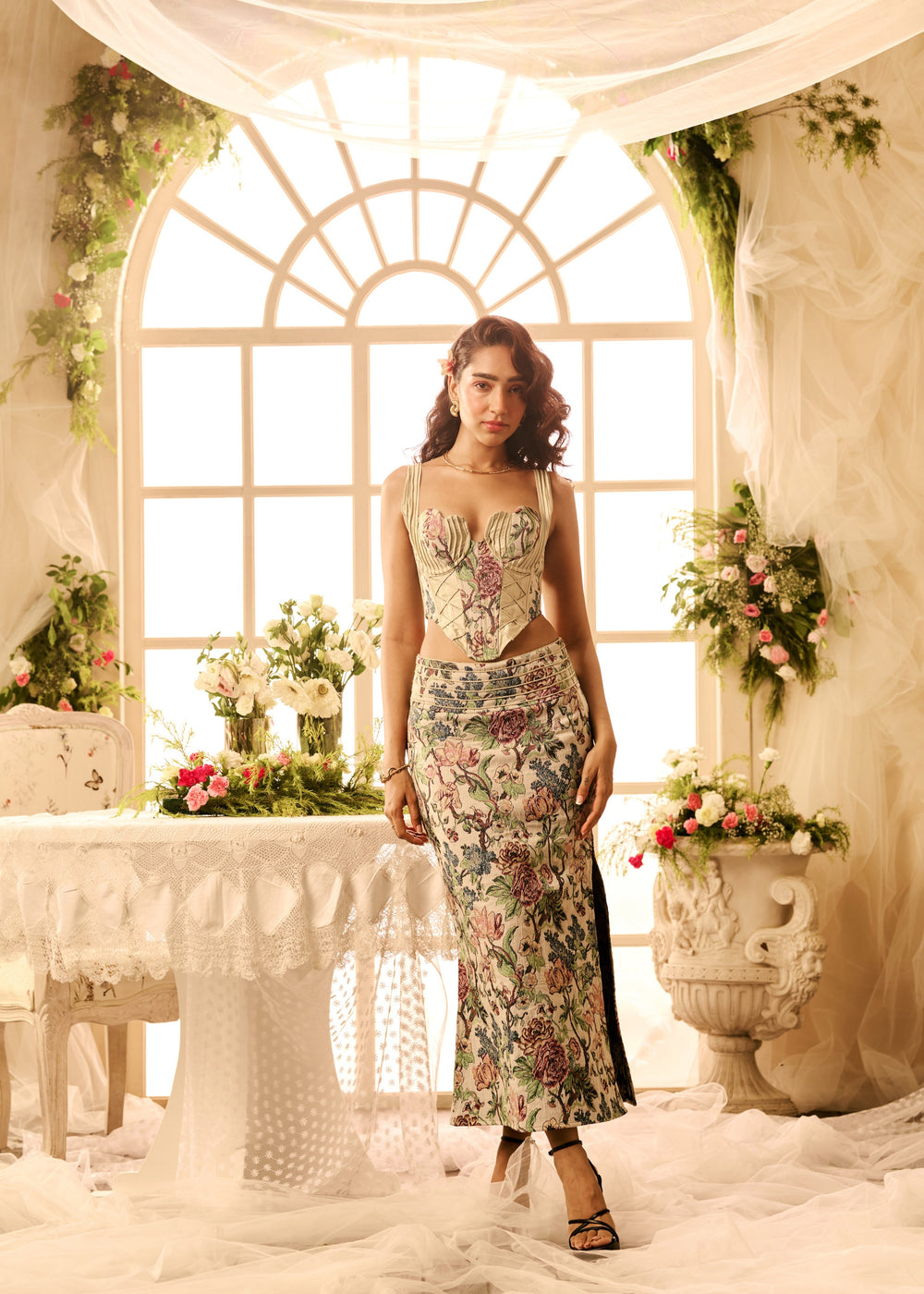 Mileva Floral Jacquard Corset Skirt Set with an elegant floral jacquard pattern, featuring a fitted corset top and a matching skirt for a refined, coordinated look