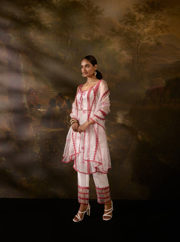 "Mitali Sheer White And Red Straight Kurta Set: Elegant straight kurta set in sheer white with red accents, blending modern style with traditional elements."