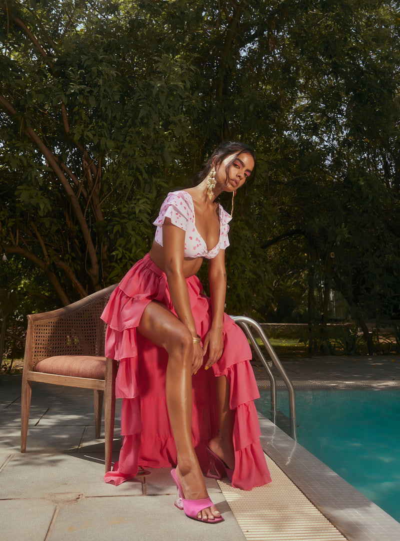 Mykonos Hot Pink Ruffle Cover-Up Maxi Skirt with vibrant hot pink color and playful ruffle details