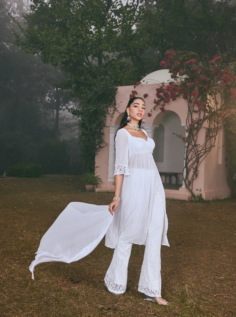 Nafisa White Georgette Anarkali Set featuring a classic design in pristine white georgette fabric