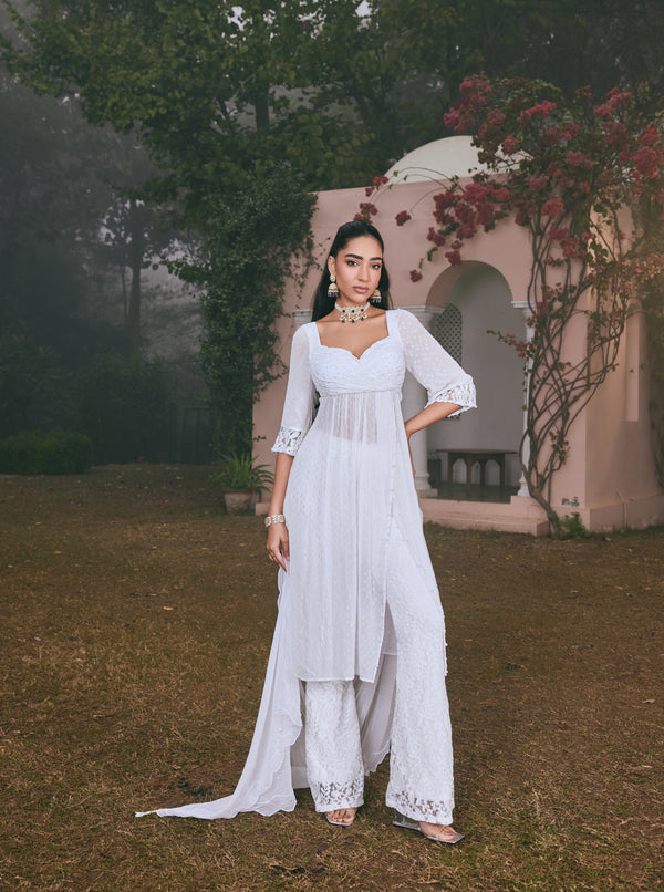 Nafisa White Georgette Anarkali Set featuring a classic design in pristine white georgette fabric