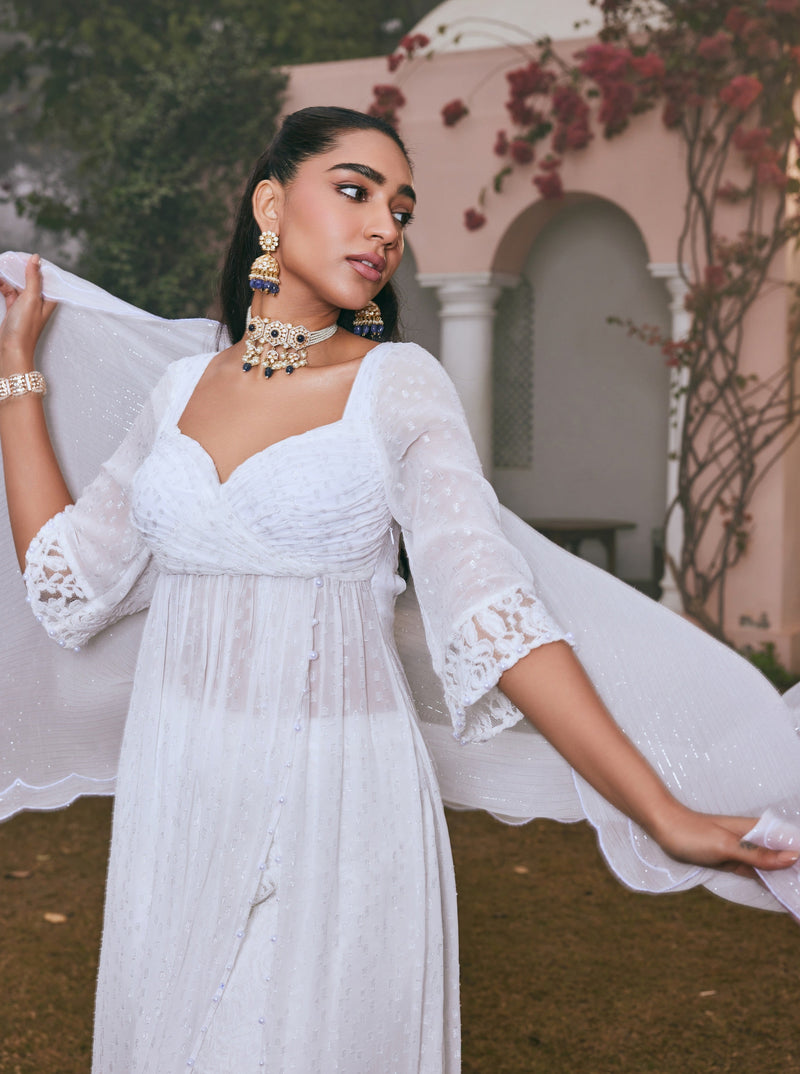 Nafisa White Georgette Anarkali Set featuring a classic design in pristine white georgette fabric