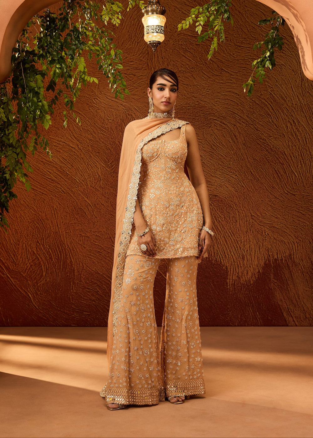 Namya Buff Orange Embroidered Sharara Set
