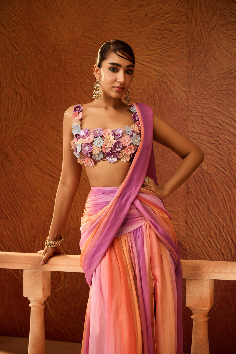 Natasha Multi-colour Floral Embroidered Saree
