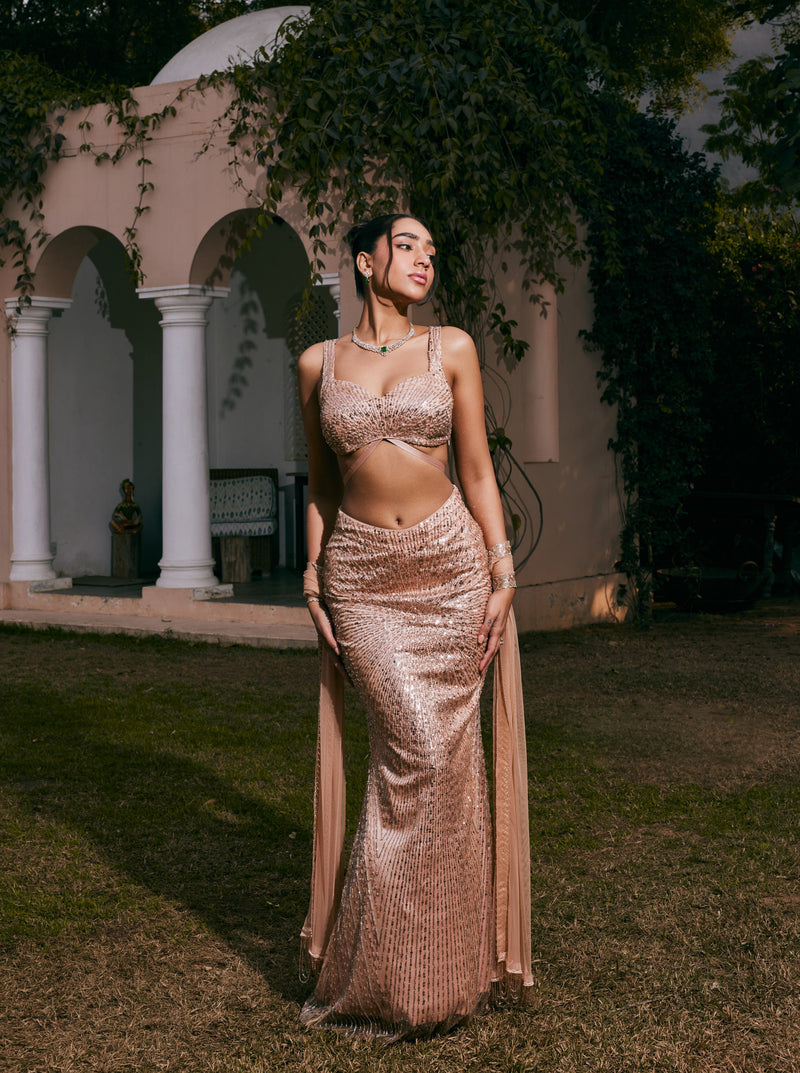 Nazia Rose Gold Hand-Embroidered Mermaid Lehenga Set featuring elegant rose gold embroidery on a mermaid-style lehenga