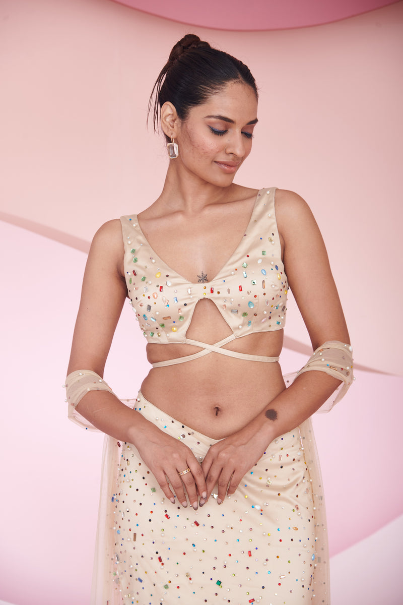 Novi nude rhinestone hand embroidered coord set with sparkling rhinestones and meticulous hand embroidery, ideal for a chic and coordinated look.