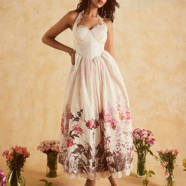 Oaklynn White Floral Corset Halter Midi Dress  Lea Clothing Co.