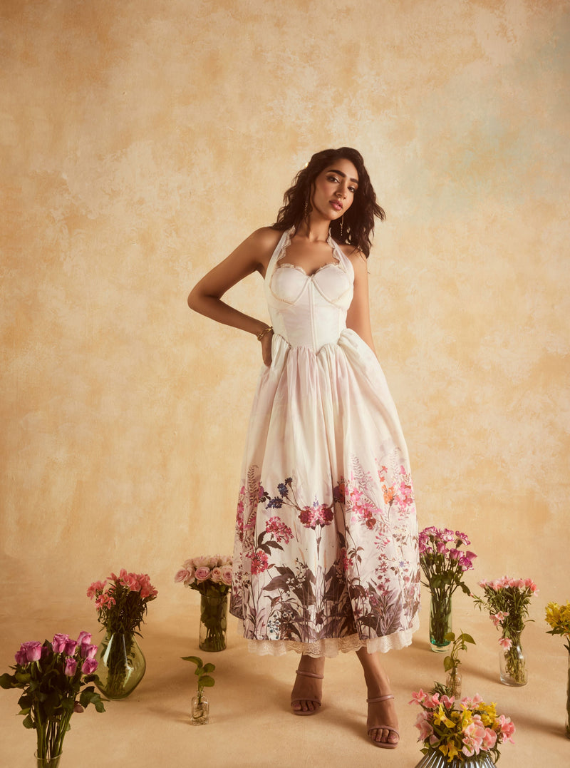 "Stylish Oaklynn White Floral Corset Halter Midi Dress with a Flattering Silhouette."