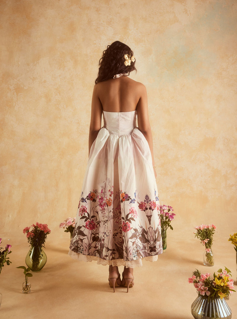 "Stylish Oaklynn White Floral Corset Halter Midi Dress with a Flattering Silhouette."