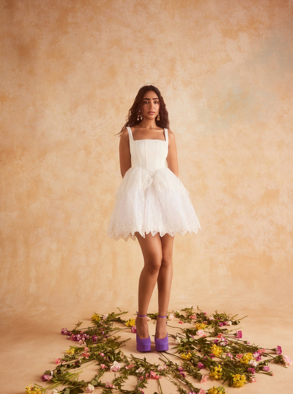 Ophelia White Embroidered Puff Mini Corset Dress with intricate embroidery and a puff silhouette in elegant white.