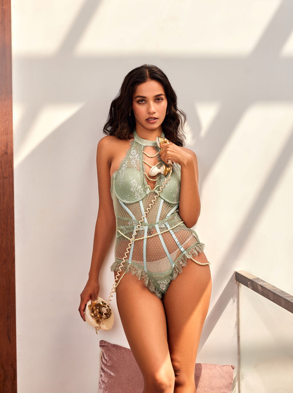Paisley Sage Green Pushup Corset Lace Bodysuit: A sage green lace bodysuit with pushup cups and a corset design, ideal for a stylish and flattering silhouette.