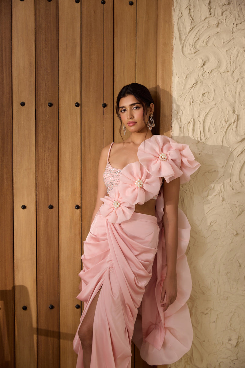 Pariza Baby Pink Satin and Organza Saree Set featuring a blend of satin and organza fabrics for a luxurious look